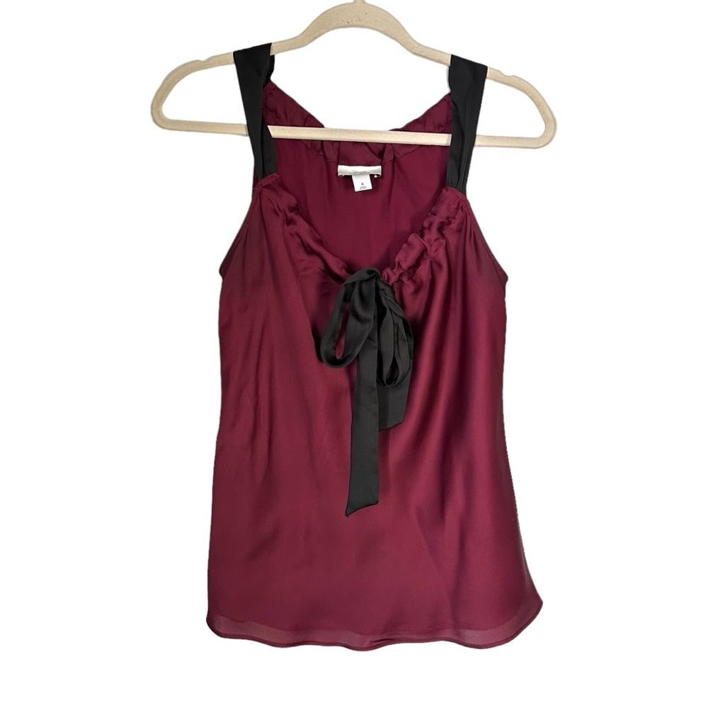 Ann Taylor Loft Womens Sz 4 Burgundy Neck Bow Tie Lined Sleeveless Blouse Career